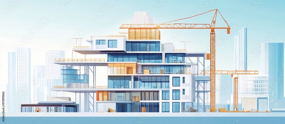 Poster illustration depicting various levels of a building structure showcasing architectural elements and 