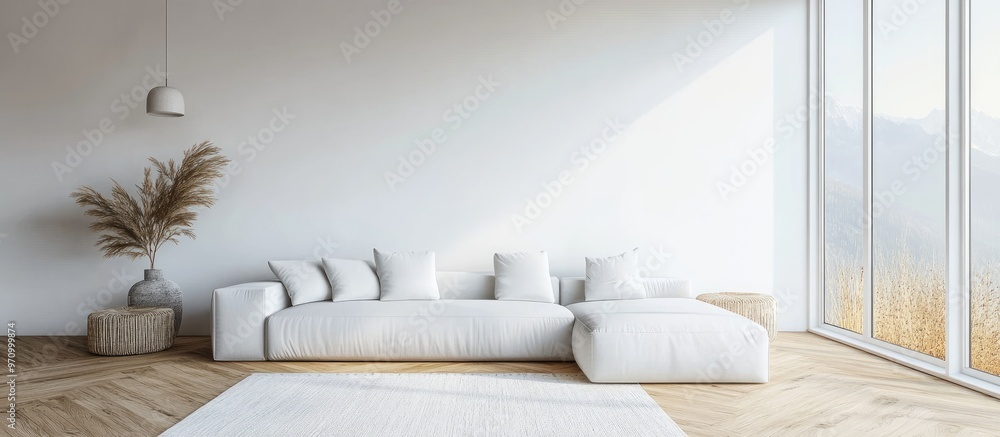 Poster minimalist white interior featuring a sofa on wooden flooring decorative elements on a large wall an