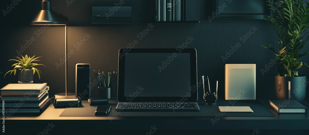 Poster 3d rendering of a digital tablet featuring a mock up screen along with accessories and books arrange