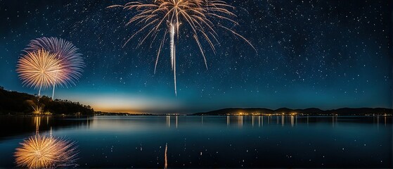 Fireworks over a Lake at Night