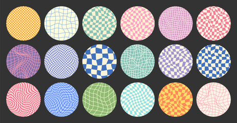 Groovy checkered pattern, round colorful tiled grid. Vintage wavy curved backdrop, distortion effect. Funky geometric chessboard texture, retro background in 90s style, y2k. Vector illustration