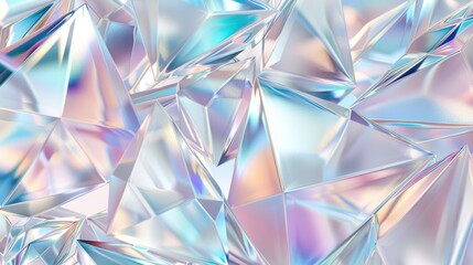 Geometric crystal shapes clustered background, creating a stunning display of light and reflections in iridescent hues