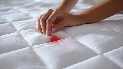woman and a red blood spot of a white bed matress 