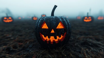Spooky Jack o  Lantern in Foggy Field for Halloween