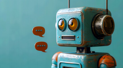 Fototapeta premium 3d rendering. Smiling robot with mock up texts bubbles and messages