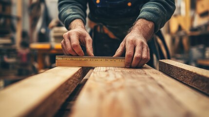 Carpenter Measuring Wood with a Ruler in Workshop