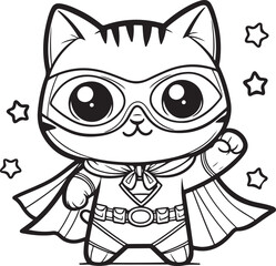 A super hero cat lineart coloring book illustration for kids