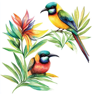 watercolor birds perched tropical flowers clip art preview