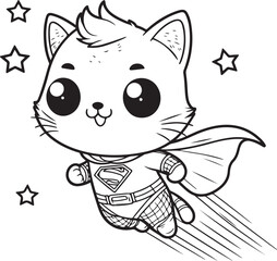A super hero cat lineart coloring book illustration for kids