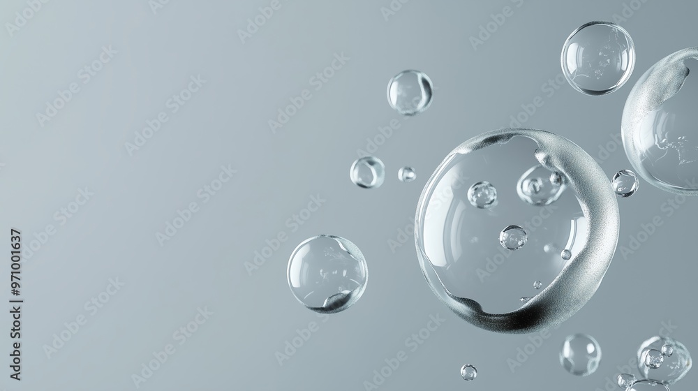 Poster clear water droplets floating gracefully against a simple gray background, creating an elegant and s