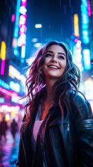 Obraz premium Smiling Woman Enjoying Music in Neon Lights