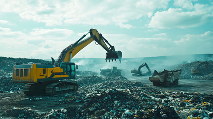 The excavator&rsquo;s claw grabbing large chunks of garbage at a landfill, surrounded by other heavy equipment working to process the waste