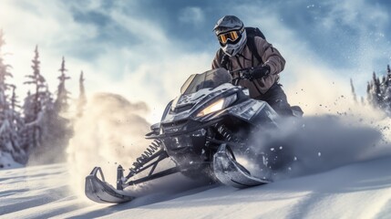 Snowmobile riding with fun in deep snow powder during backcountry tour. Neural network ai generated art