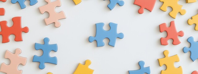 Obraz premium Puzzle pieces, mosaics. Panoramic banner for Autism Awareness Day, World Autism Day. Banner, panorama, background for flyer, poster edge, corner design element. Health Care