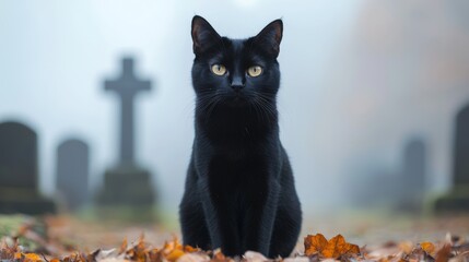 Black Cat Sitting in Cemetery with Cross and Tombstones