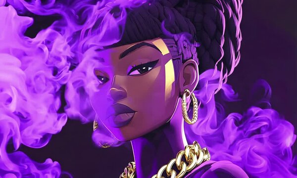 Hip hop, rapper girl in purple smoke. Music, party concept.