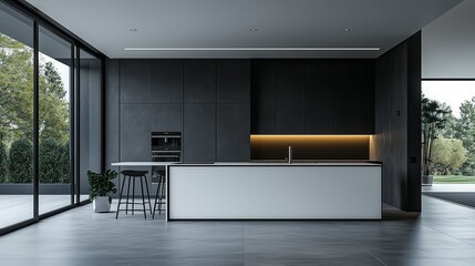 A sleek modern kitchen featuring a minimalist design, large windows, a central island, and dark cabinetry with ambient lighting.