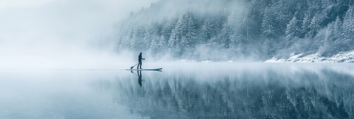 A man doing paddleboarding in still lake water in winter with snow woods