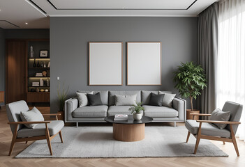 Fototapeta premium Chic living room interior in gray colors