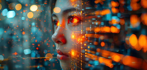 Futuristic Woman with Red Eyes and Digital Overlay Illustration