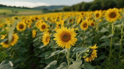 Endless field of vibrant sunflowers under a vast sky in spring