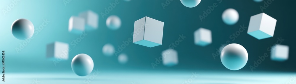 Poster abstract composition of floating cubes and spheres in a tranquil turquoise environment, ideal for mo