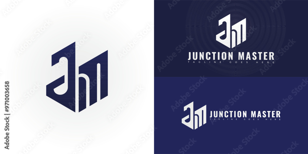 Poster modern vector initial letter jm or mj logo in blue color isolated on multiple background colors. the