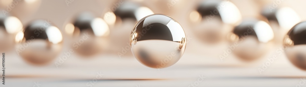 Poster close-up view of metallic spheres floating elegantly, creating a serene and abstract atmosphere, ide