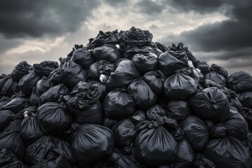 Environmental impact of waste: massive pile of black garbage bags under stormy skies