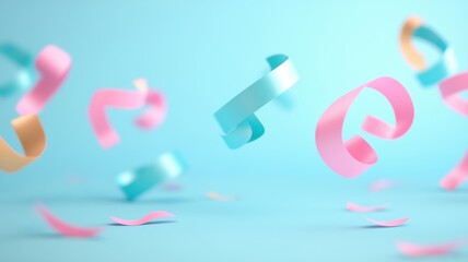 Colorful ribbons gracefully float in a light blue background, creating a festive and cheerful atmosphere perfect for celebrations.