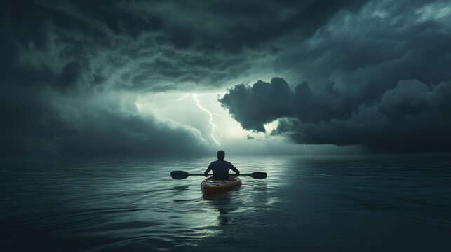 A person kayaking in sea water with lightning strick