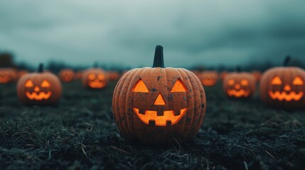 Glowing Jack o  Lantern in a Field of Pumpkins