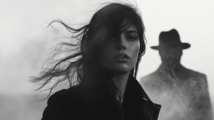 A gloomy scene: a woman in the foreground with a thoughtful face, and behind her a mysterious man in a hat appears in the haze, enhancing the atmosphere of suspense.