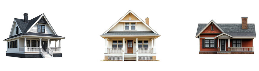 Set, collection of Bungalow-style house isolated on transparent background.