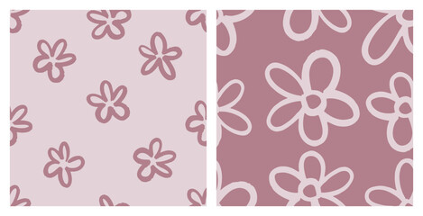 Naive playful seamless pattern set with doodle Daisy Flowers. Contemporary minimalistic trendy backgrounds for kids in Pink Tones. Floral chamomile design for wrapping paper, covers and fabric.