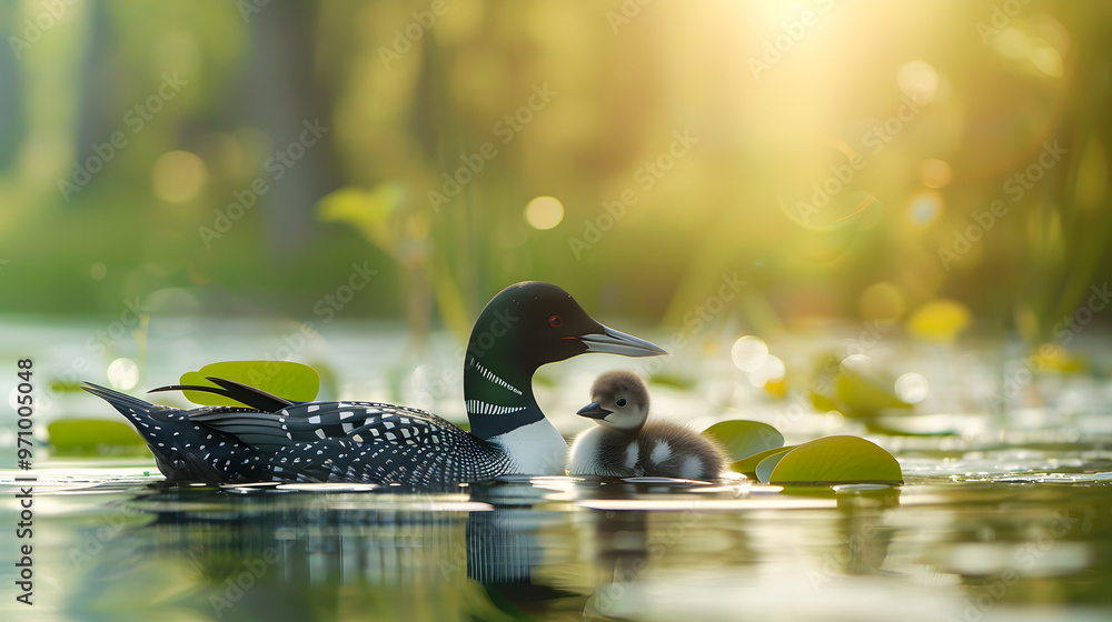 Wall mural Adult loon caring for its baby chick in a serene lake setting with space for text or graphics. Copy space image. Place for adding text and design