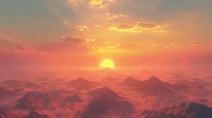 Breathtaking Sunset over Vast Desert Landscape with Towering Mountains