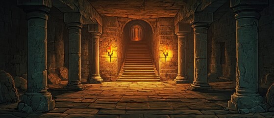 Abandoned corridor in a castle featuring stairs and a cartoonish 2D background An ancient stone dungeon with a torch and staircase showcasing a cluttered hallway with symmetrical pillars