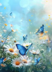 A blue butterfly with a yellow flower in the background
