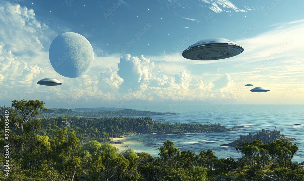Poster flying saucers hover above an oceanic world with a vibrant green forest on the horizon and a terrafo