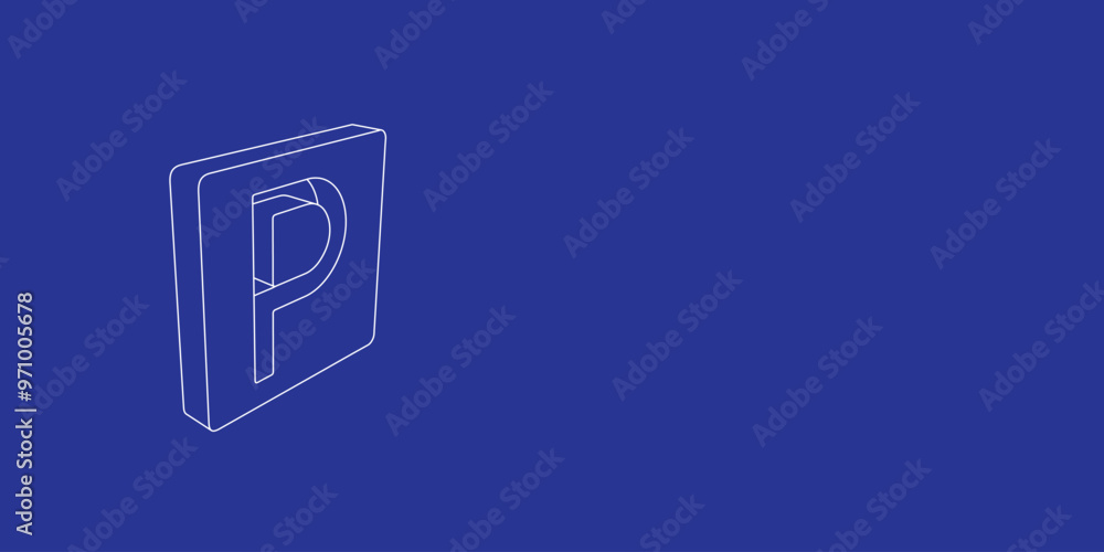 Poster the outline of a large road parking sign made of white lines on the left. 3d view of the object in p