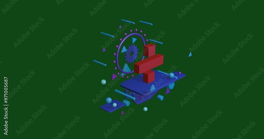 Aufkleber red division symbol on a pedestal of abstract geometric shapes floating in the air. abstract concept