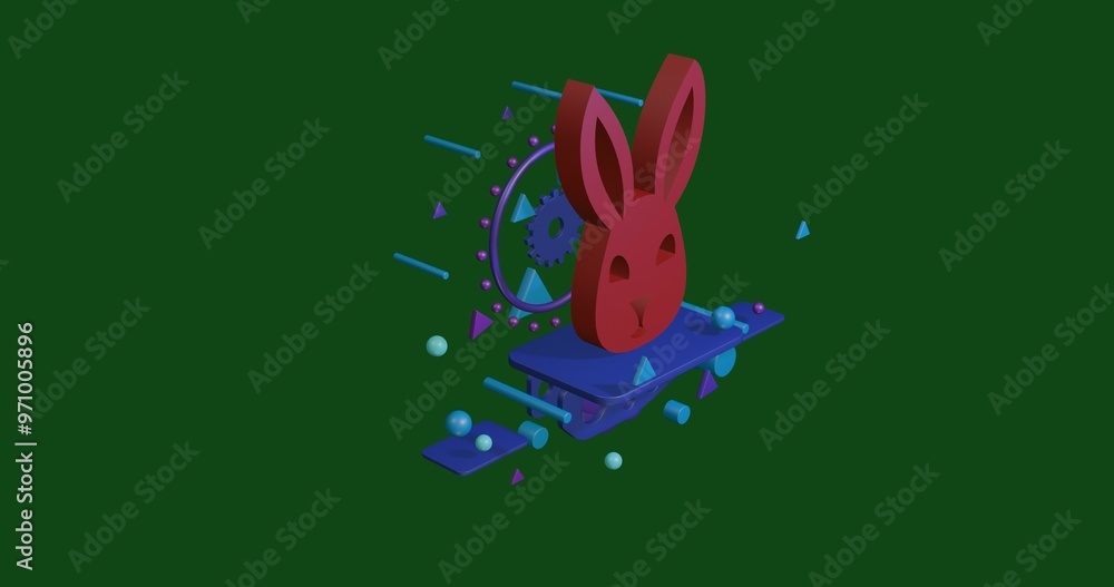 Poster red cute hare head symbol on a pedestal of abstract geometric shapes floating in the air. abstract c