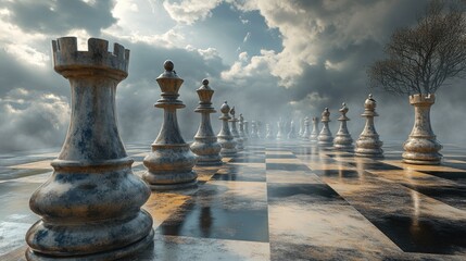 Surreal chess match depicted in contemporary digital art with 3D rendering techniques