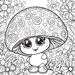 A mushroom lineart coloring book illustration for kids