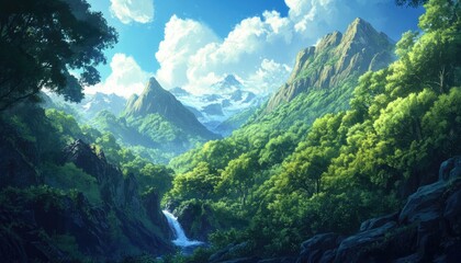 Obraz premium Fantasy illustration showcasing a vibrant anime landscape featuring lush greenery and a serene forest set among mountainous terrain