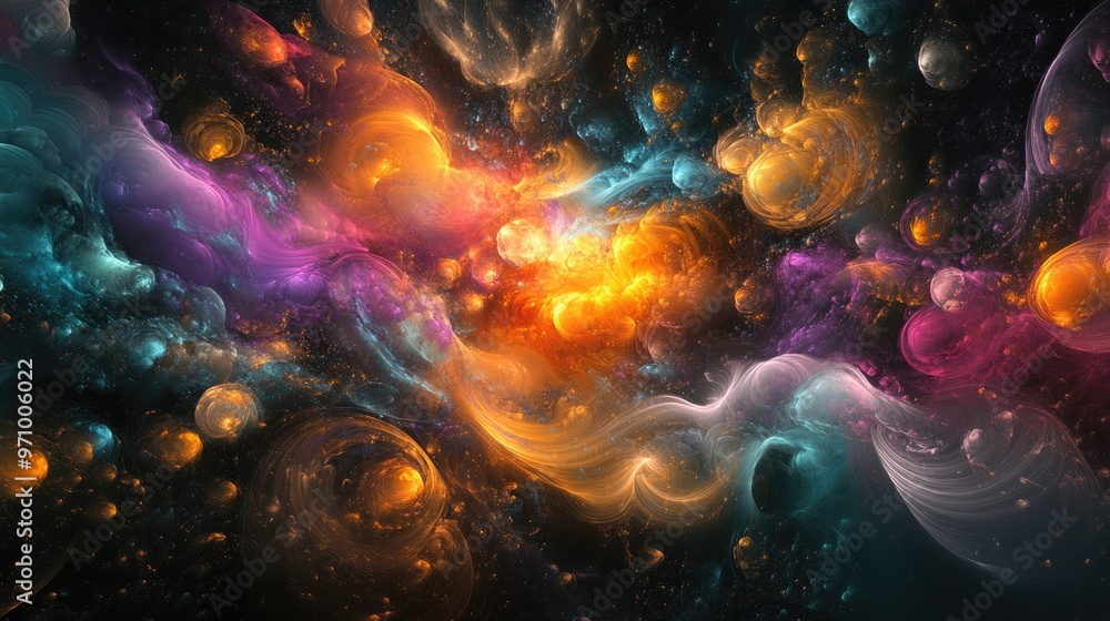 Poster abstract colorful fractal design bursting with imaginative elements on a dark backdrop