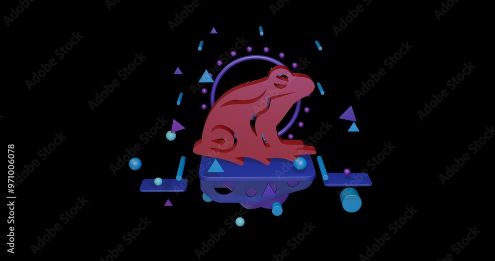 Poster red frog symbol on a pedestal of abstract geometric shapes floating in the air. abstract concept art