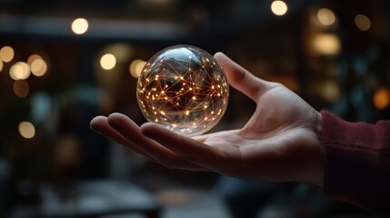 Futuristic holographic sphere in hand - illuminated digital network concept