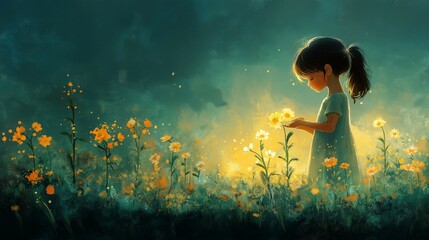 A little girl carefully watering flowers in a peaceful garden, capturing the innocence and joy of childhood. This image highlights a nurturing moment in nature, perfect for depicting the simple pleasu